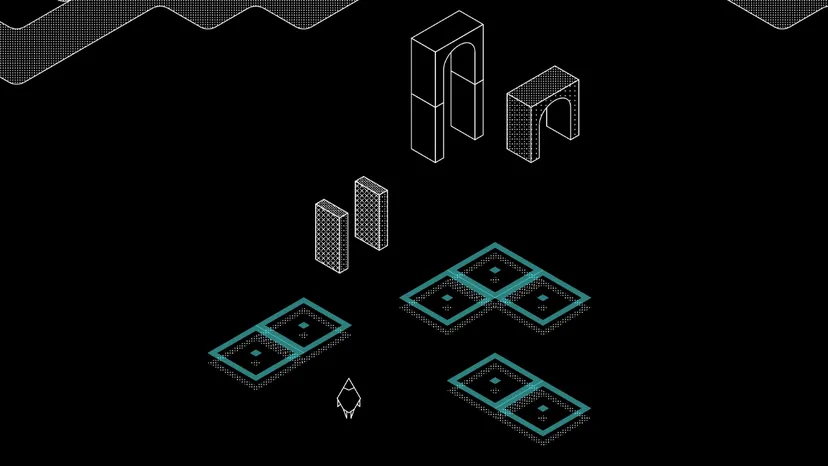 An early mockup showing the player character staring at grids and monoliths