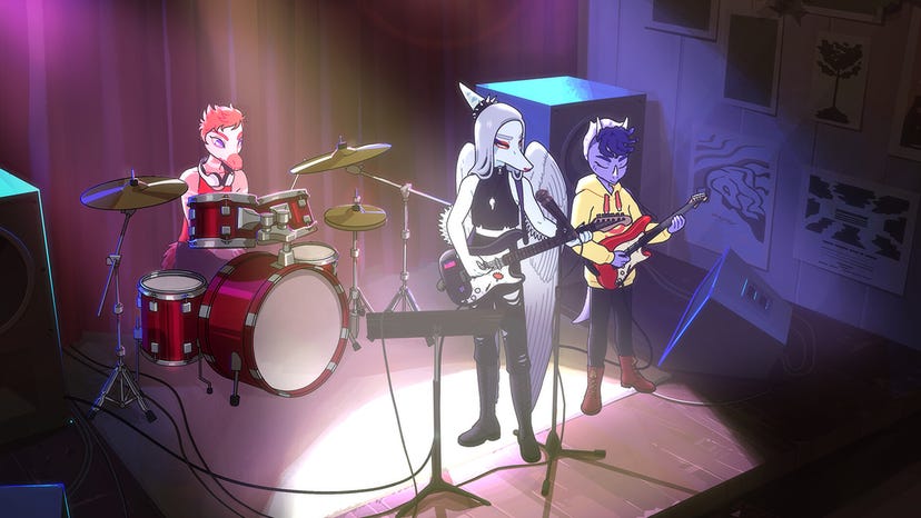 A screenshot from Goodbye Volcano High featuring the core cast playing a gig