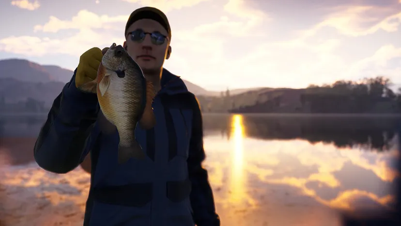 A player character in Call of the Wild: The Angler holds up a fish against the morning sun