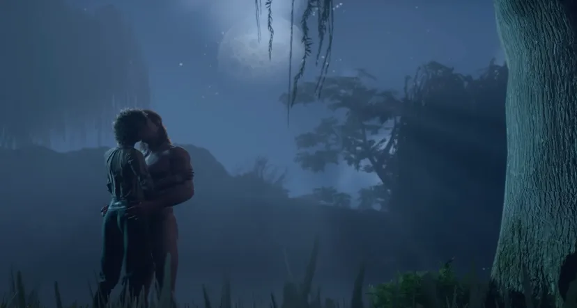 Baldur's Gate 3 characters kissing in moonlight