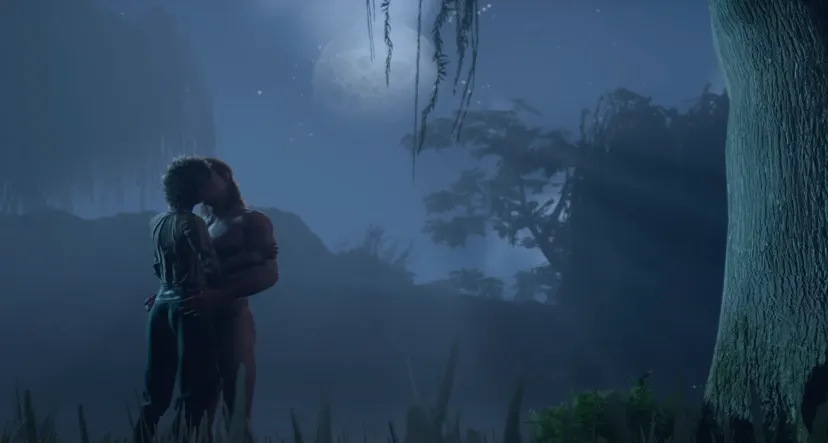 Characters from Baldur's Gate 3 kiss in the moonlight