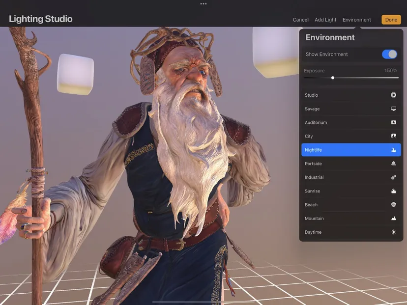 Procreate interface lighting studio with wizard character