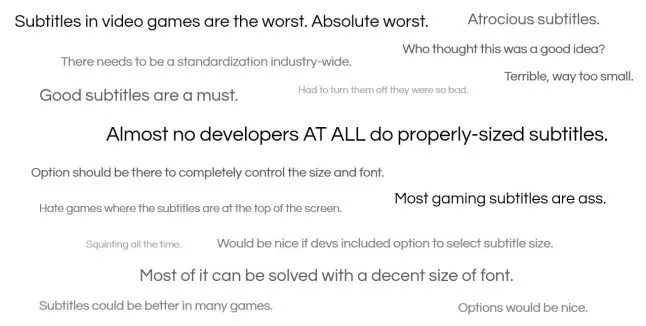 A selection of negative opinions on subtitles in games, largely around text size and lack of configuration options
