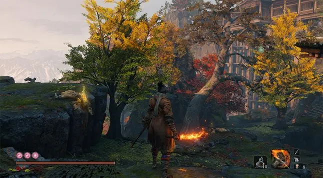 Sekiro; a shinobi stands in a vibrant mountaintop temple forest at sunset with a flaming sword