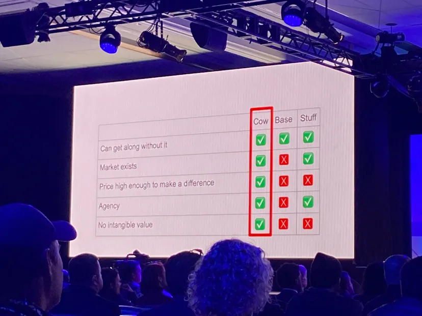 A slide from Neal Stephenson's presentation. It compares the intrinsic values of a Cow, a Valheim Base, and