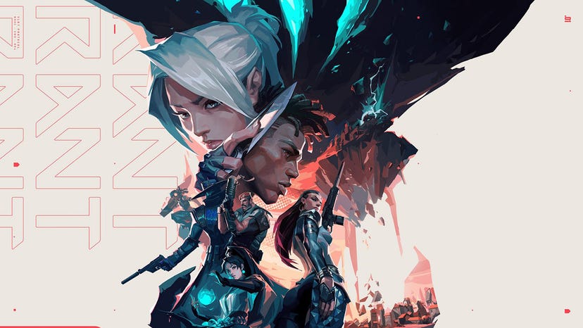Promo art for Riot Games' Valorant featuring launch characters Jett, Phoenix, and Reyna.