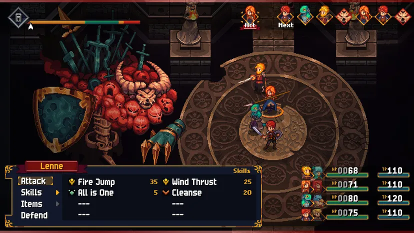Une capture d'écran de Chained Echoes montrant le groupe affrontant un énorme ennemi