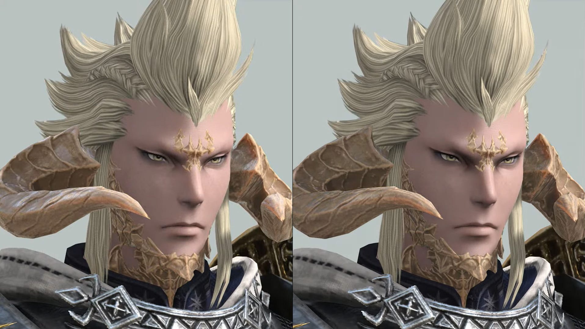 A before/after comparison of different graphical renders of an Au Ra player character.