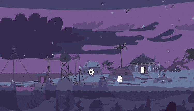A gif which show Njarfie Roust from chapter one at nighttime, purple clouds on the horizon, and birds flying in the air.