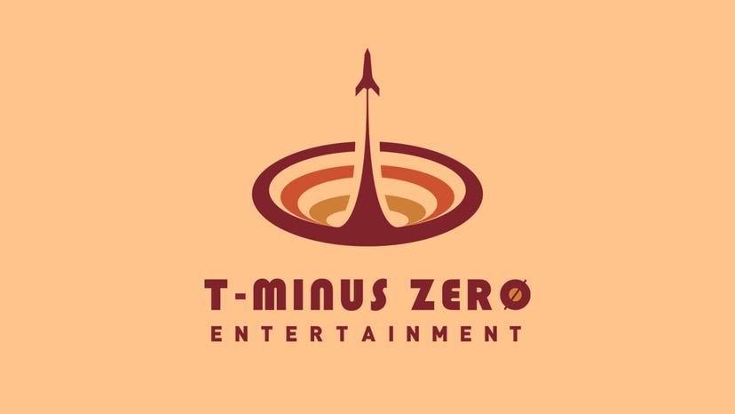The T-Minus Zero Entertainment logo on a peach background
