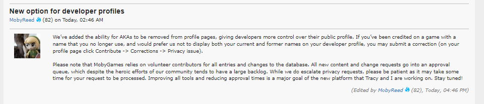 MobyGames' announcement of a new option for developer profiles for how to remove 