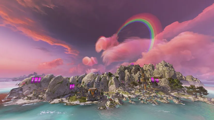 A rainbow hangs over the revamped Apex Legends map Storm Point