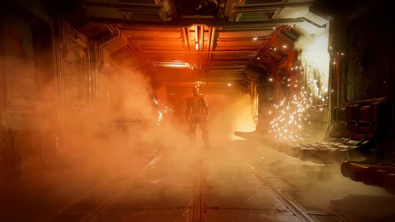 A screenshot from the Dead Space remake. Player character Isaac stands in a corridor filled with sparks and smoke.