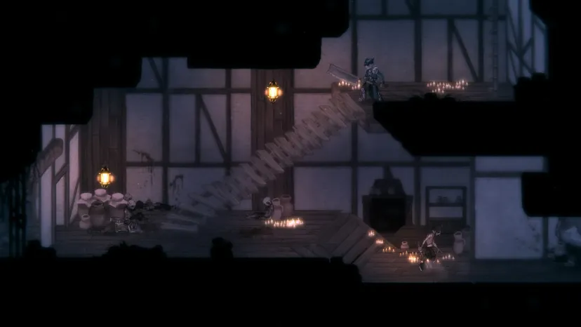 A Salt and Sacrifice character stands at the top of the stairs in a medieval building, looking down at monsters.