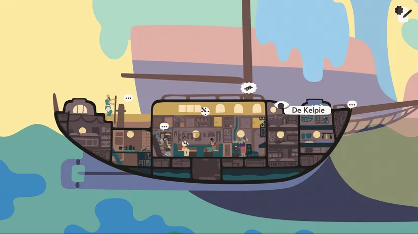 A screenshot of the boat with different icons inviting you to engage with the characters