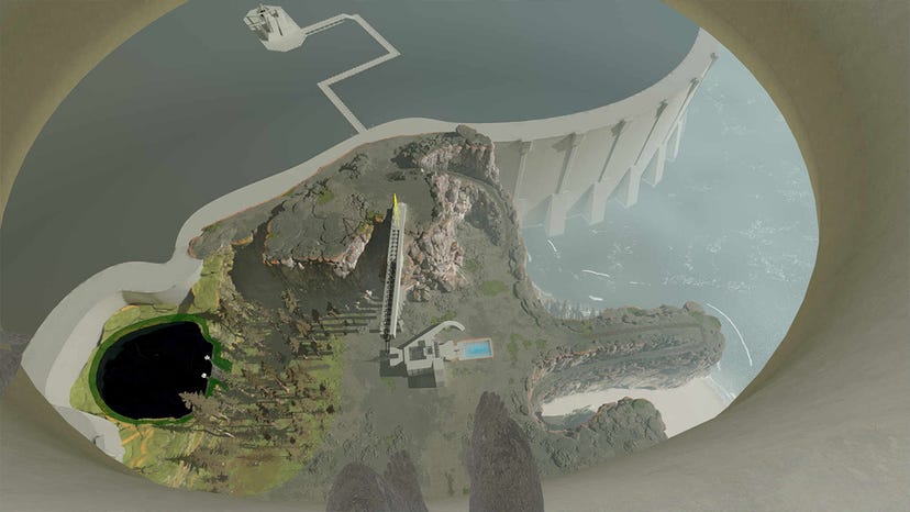 A screenshot from Player Non Player showing a warped image that bends and shifts as if affected by gravity
