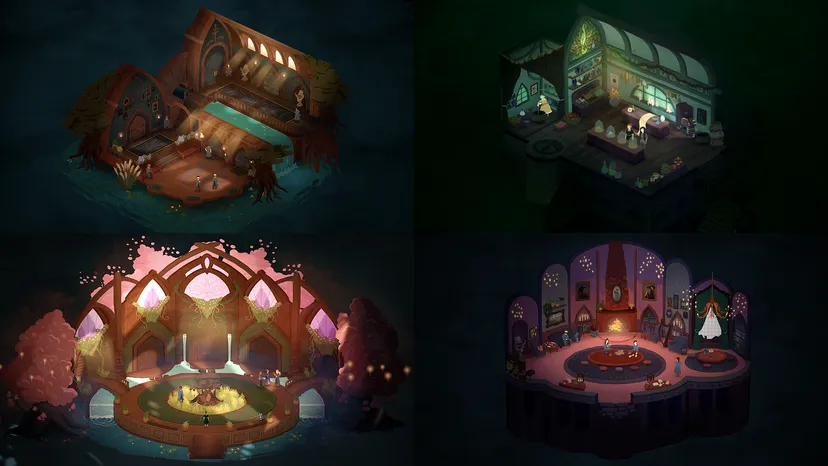 Four more of the game's interiors, with lighting fixtures, windows, and furniture.