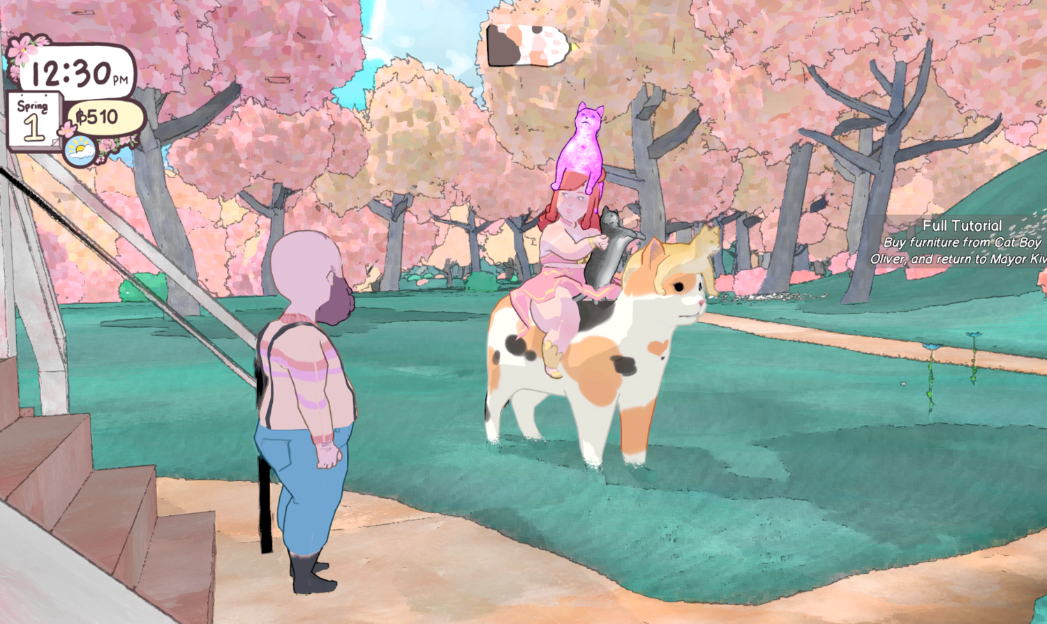 A screenshot from Calico. A woman in a pink dress riding a cat talks to a dog-man wearing suspenders in front of a pink forest. Both the woman and the cat have other cats on their head.