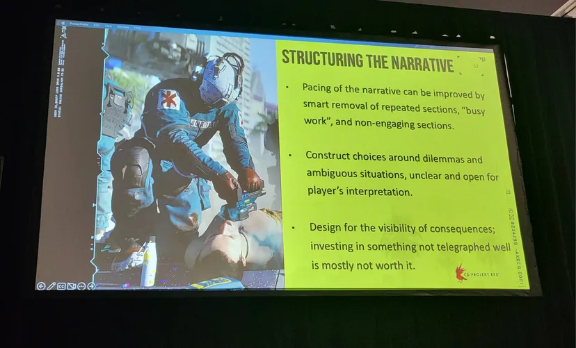 A slide from GDC 2023 entitled Structuring the Narrative.