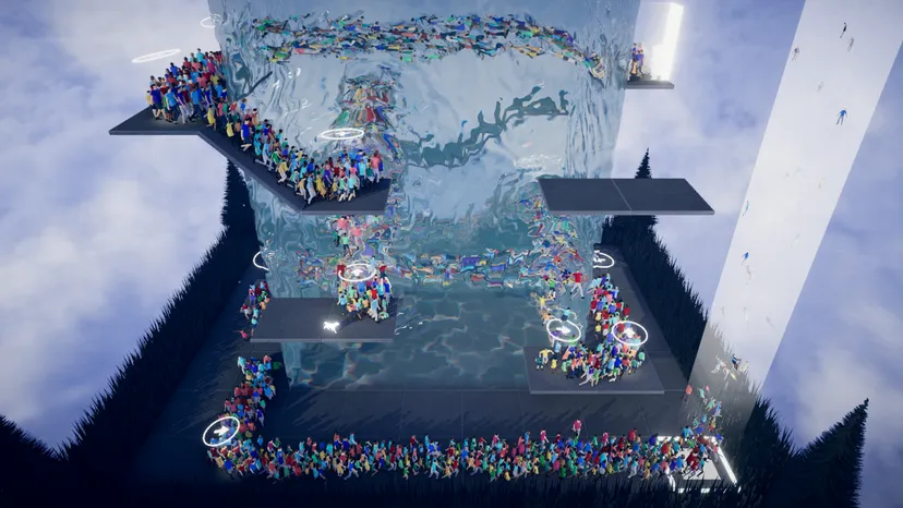 A line of people plunging into a gravity-defying swimming pool in Humanity
