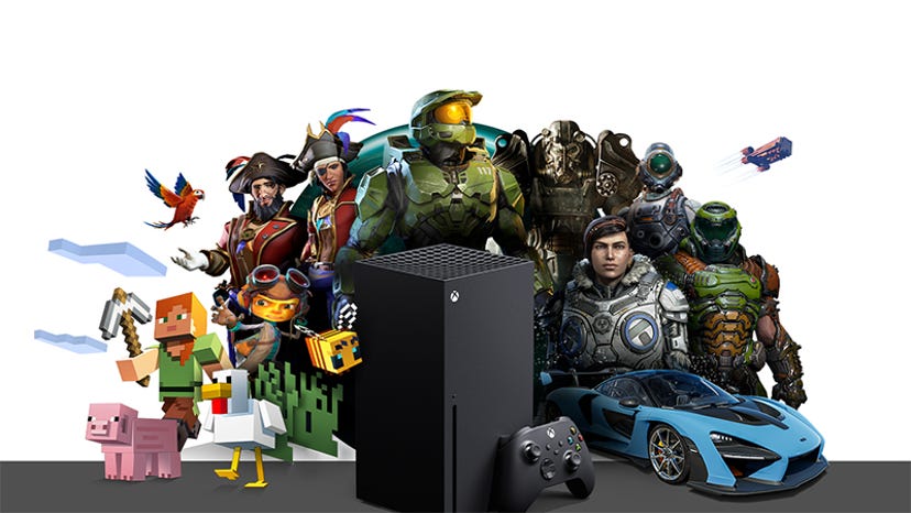 Graphic of various first-party Xbox franchise characters.