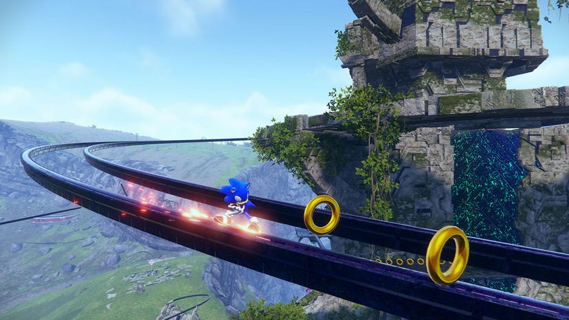 A screenshot from Sonic Frontiers showing Sonic grinding along a rail