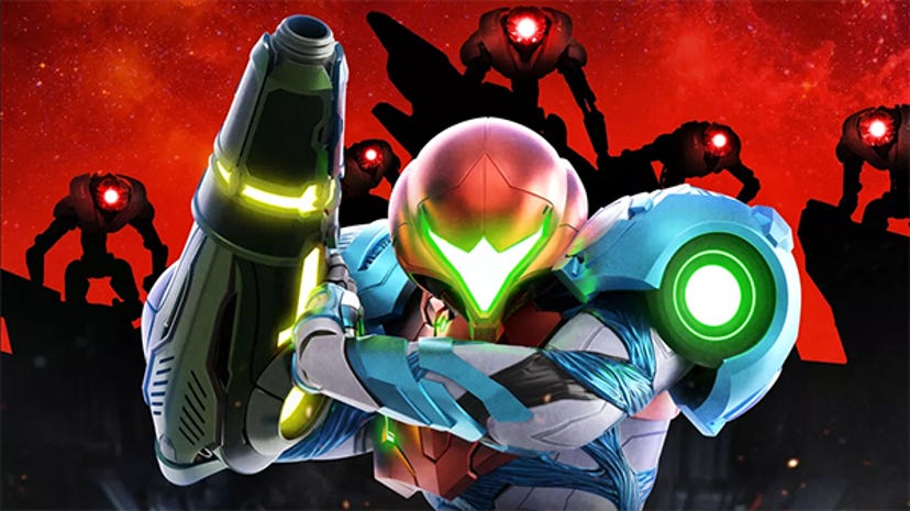 Key art for Metroid Dread. Samus poses in front of silhouetted aliens.