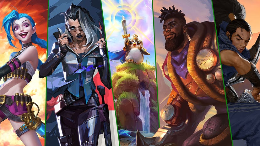A collage featuring artwork for multiple League of Legends characters