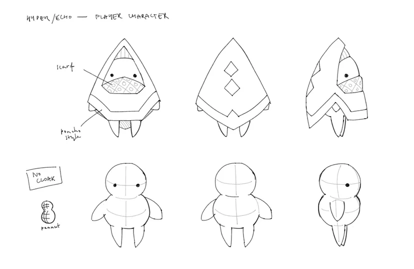 A character design sketch showing the addition of a cloak