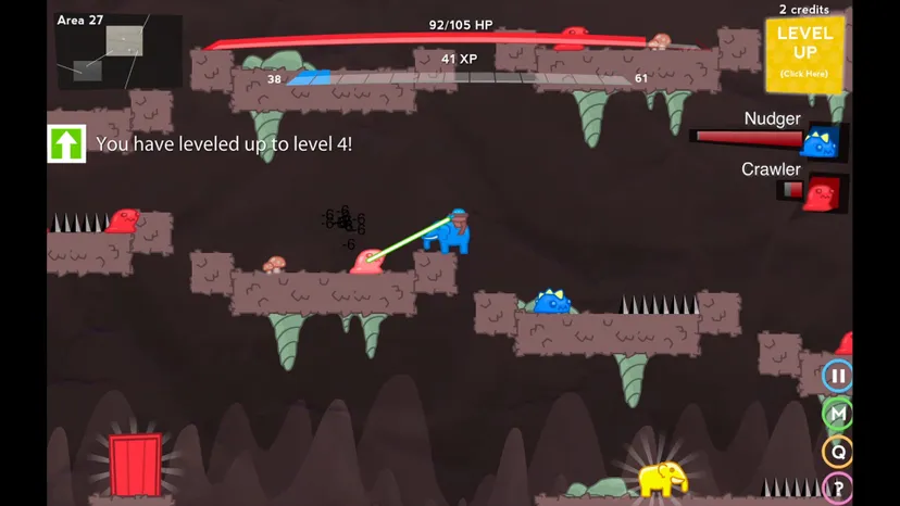 a 2D platformer screen with a blue elephant character and goo characters