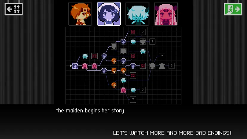 A flowchart shows how decisions branch each character's storyline in Bad End Theather.