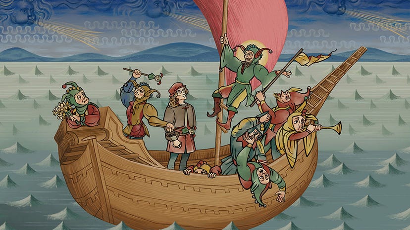 Artwork from Pentiment showing a number of characters on a ship