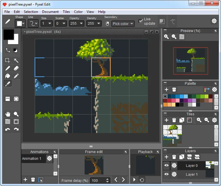 Pyxel Edit interface, showing a pixel tree, clouds and cliff