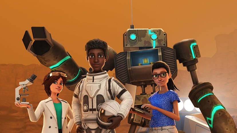 A group of NASA-themed Roblox avatars stand in front of a robot.