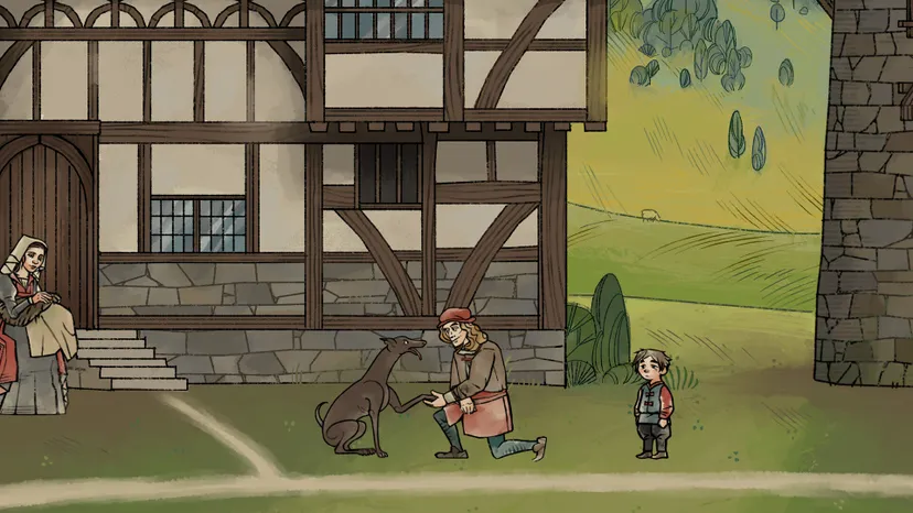 A screenshot from Pentiment. Andreas shakes hands (paws?) with a dog.