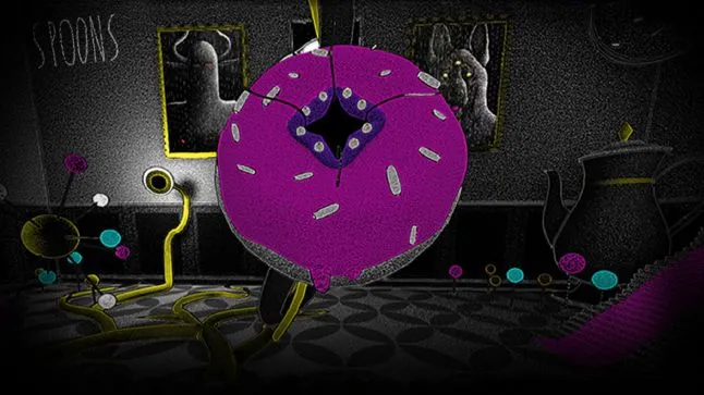 First room of Spoons, the player has to feed the ravenous donut-monster