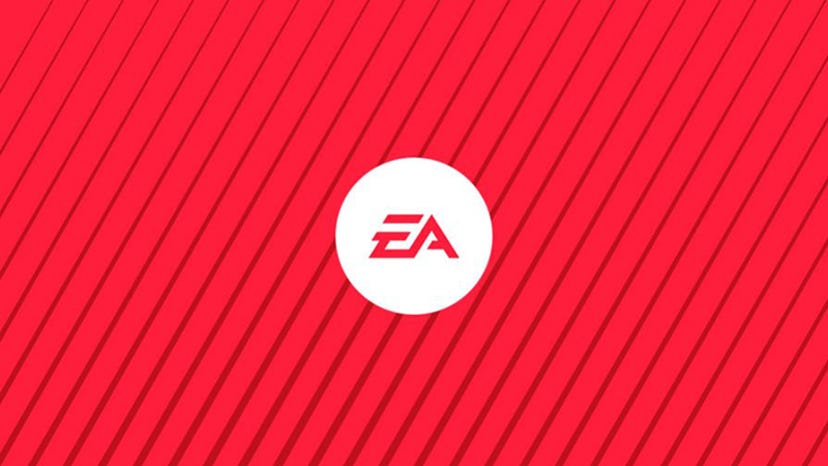 The EA logo on a red striped background