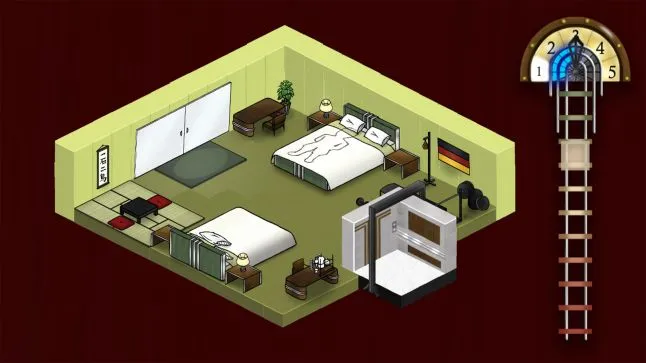 Isometric view a green room with two beds night stands and belongings. Elevator and corresponding UI