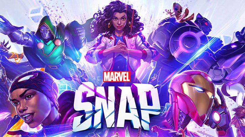 Key art for Marvel Snap. Various superheroes burst out in a sea of purple and blue color.