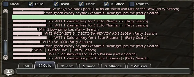 The trade chat channel in Guild Wars