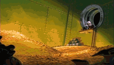 Scrooge McDuck swimming in his money