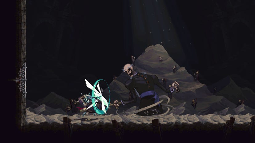 Blasphemous II character fighting a giant skull enemy