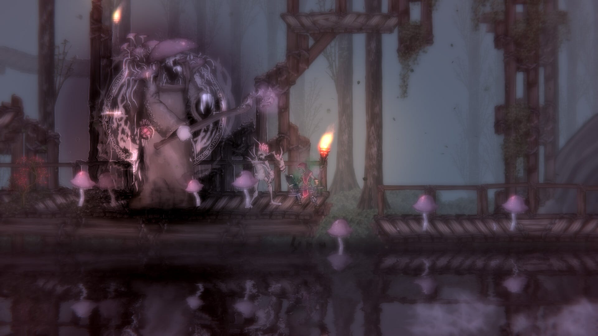 A Salt and Sacrifice player battles a mushroom-covered boss.