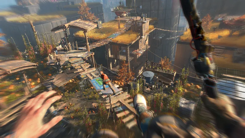 A screenshot from Dying Light 2. The player leaps after a running soldier.
