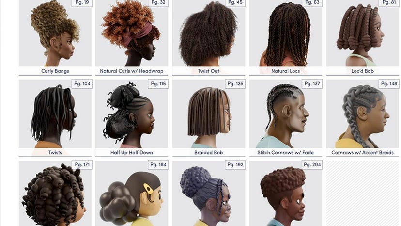 A selection of Black hairstyles from Open Source Hair Library and Dove's Code My Crown guide.