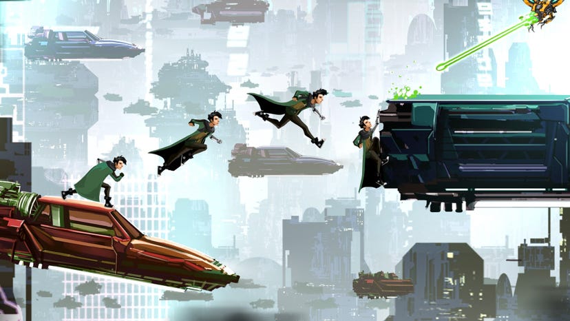 Screenshot of Limbitless Solutions' Quantum's Pursuit, showing multiple characters jumping onto a speeding car.