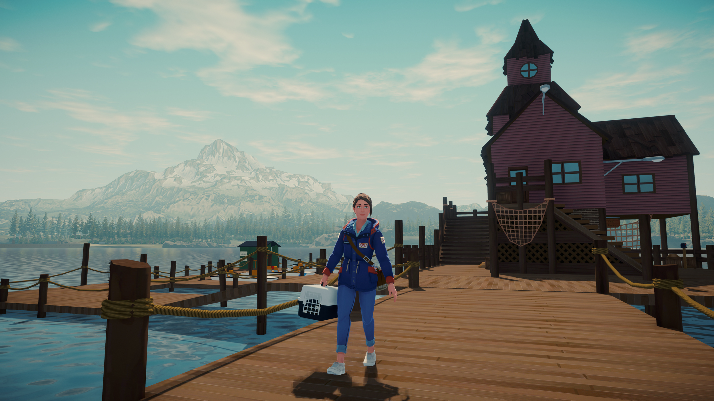 A screenshot from Lake. A woman carries a cat carrier away from a house on a dock. A snowy mountain looms in the background.