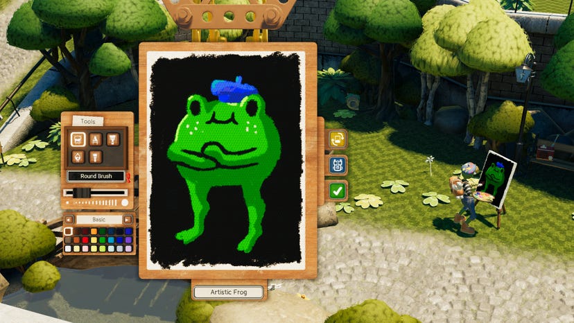 A screenshot from Passpartout 2 depicts a canvas and tools with a picture of a large frog wearing a beret painted on it.