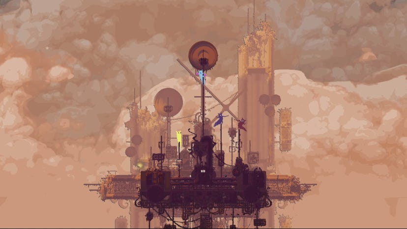 A sepia-toned piece of art from the game Rain World: Downpour, depicting a city of dead machinery against a cloudy sky.