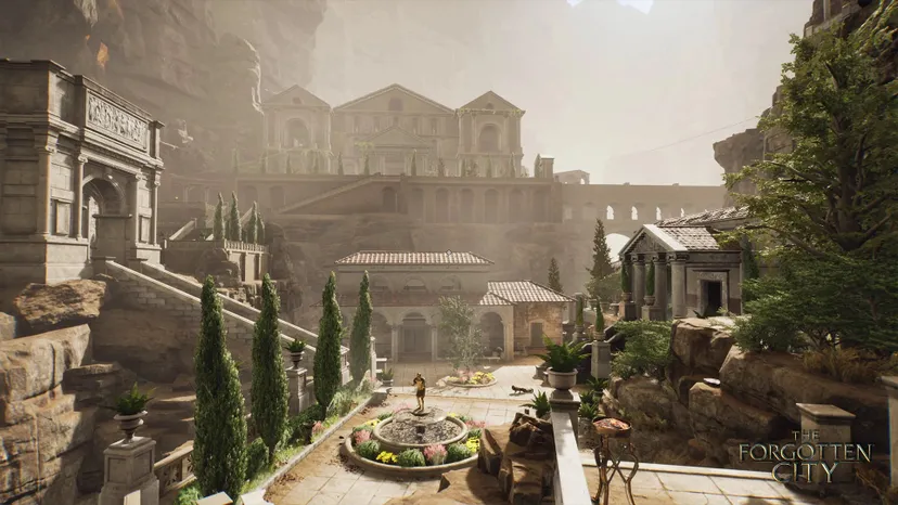 A Forgotten City screenshot showing trees and a fountain in the center of a Roman cityscape.
